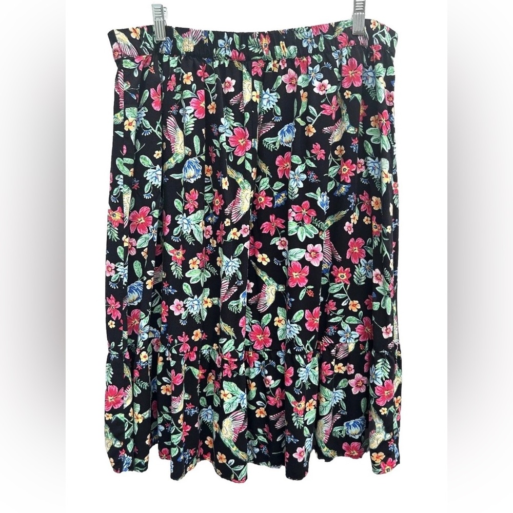 Old Navy Skirt Women L Floral Bird Print Pull On MIDI Black Multi Tropical